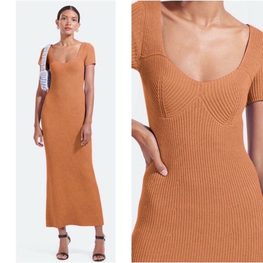 Staud Camden Ribbed Knit Stretch Short Sleeve Sweater Maxi Dress Camel Brown L